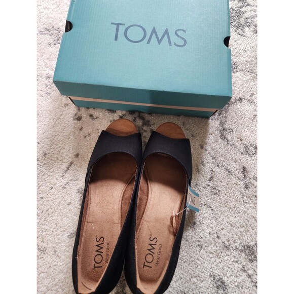 Toms Womens Rania Black Beige Peep Toe Slip-On Espadrille Sandals Size 8 w/ Tags - Picture 6 of 9